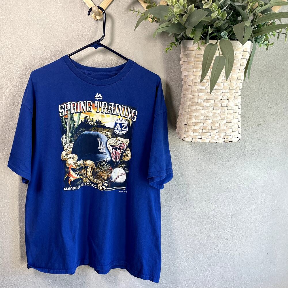 Majestic Mens XL Blue Graphic Spring Training MLB LA Dodgers Tee Shirt Crewneck